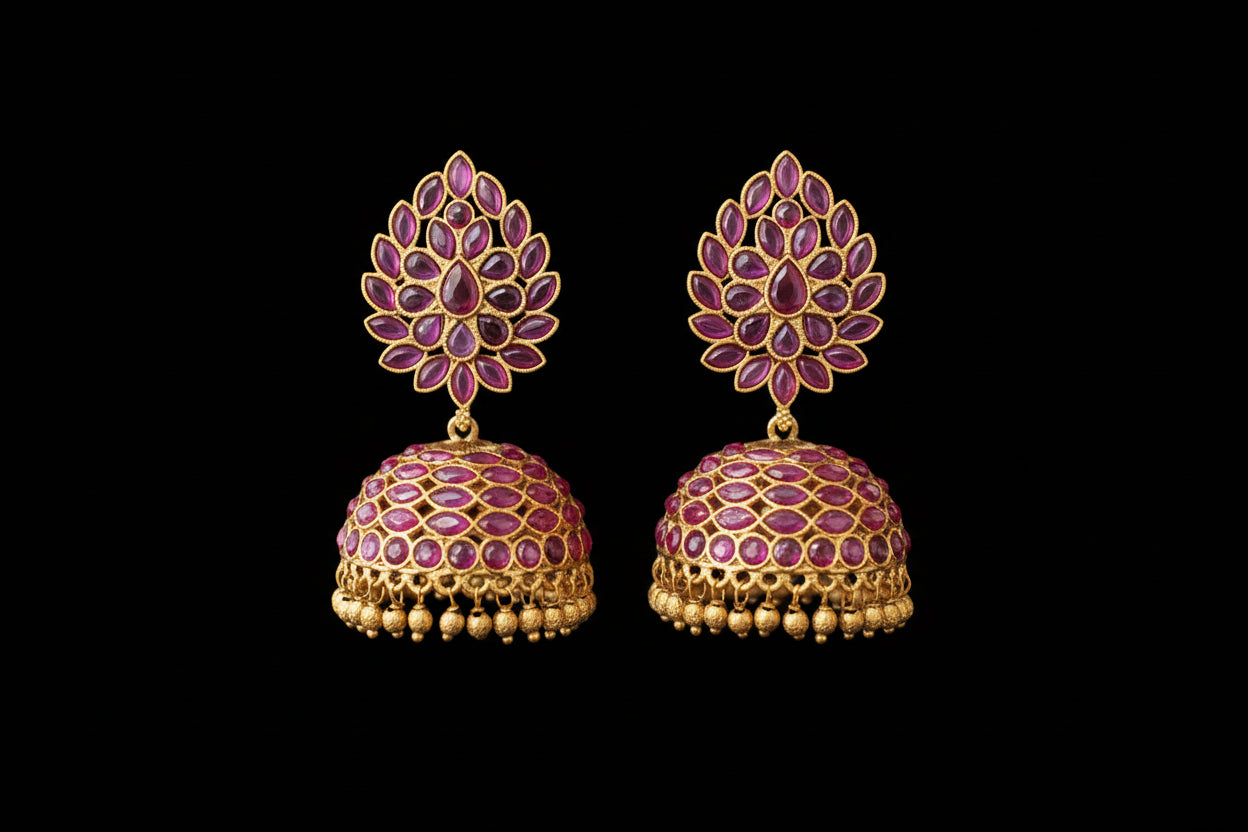 Gold and pink gemstone earrings on a gray stand