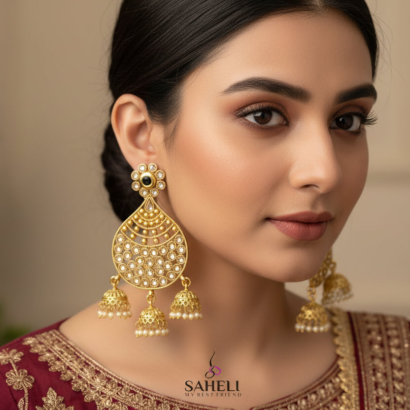 Gold earrings with intricate designs on a dark background, featuring the brand 'Saheli'.
