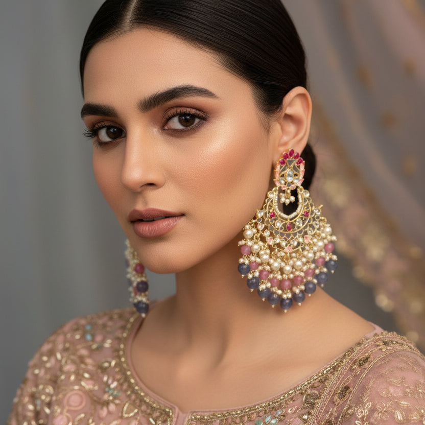 Pair of ornate earrings with gemstones on a dark background