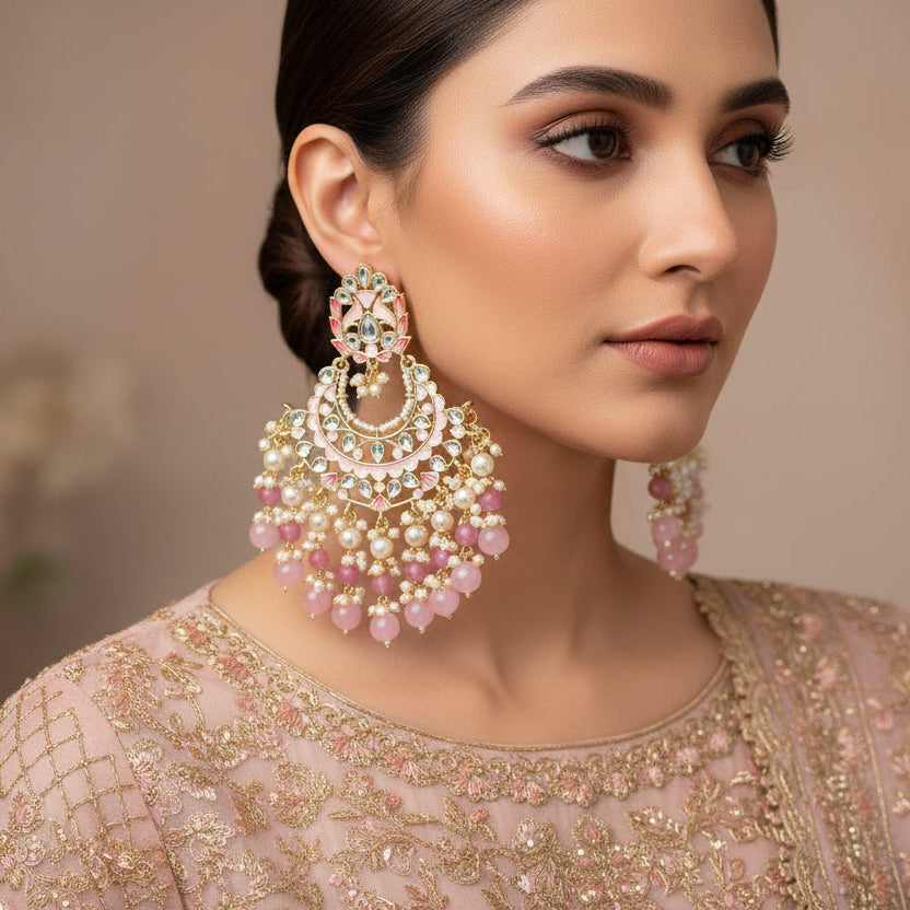 Pair of ornate earrings with pink and white stones on a dark background