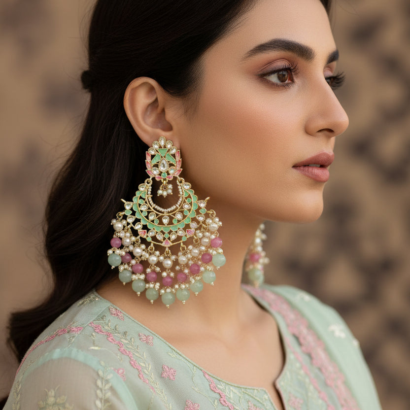 Pair of ornate earrings with green and pink stones on a dark background