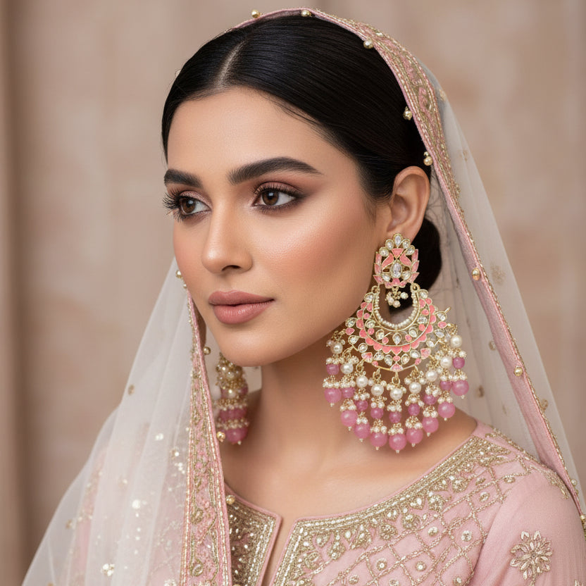 Pair of ornate earrings with pink gemstones and pearl-like beads on a dark background