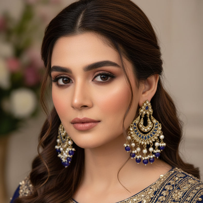 Pair of ornate earrings with blue and white stones on a dark background, branded 'Saheili'.