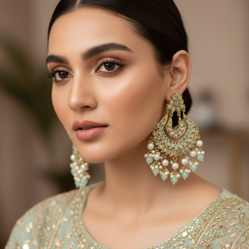Ornate earrings with gold and pearl details on a dark background, featuring the brand 'Saheli'.