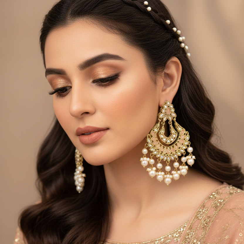 Pair of ornate earrings with pearls on a dark background, branded 'Saheli'.