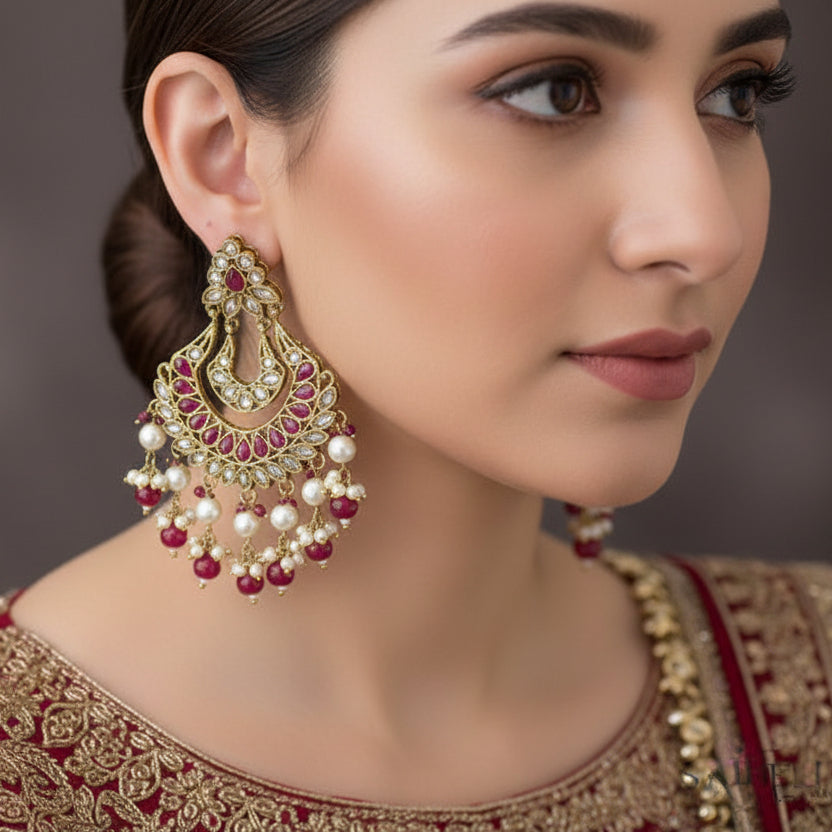 Ornate gold earrings with red and white stones on a dark background, branded 'Saheli'.