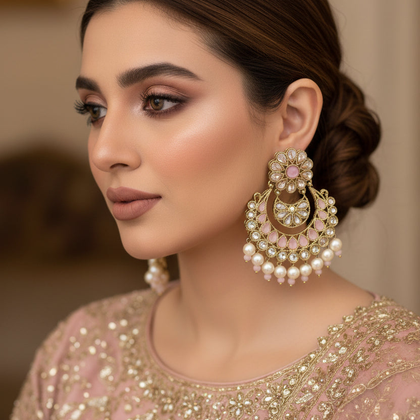 Pair of ornate earrings with gold, pink, and pearl details on a dark background