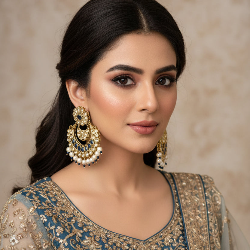 Pair of ornate earrings with gold, blue, and pearl details on a dark background