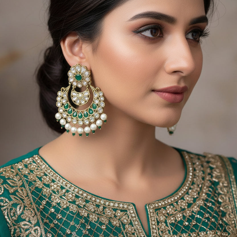 Pair of ornate earrings with green and pearl details on a dark background