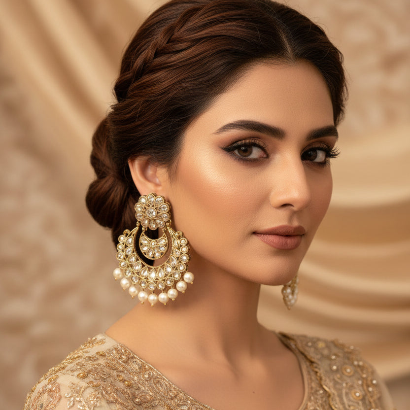 Pair of gold and pearl earrings on a dark background