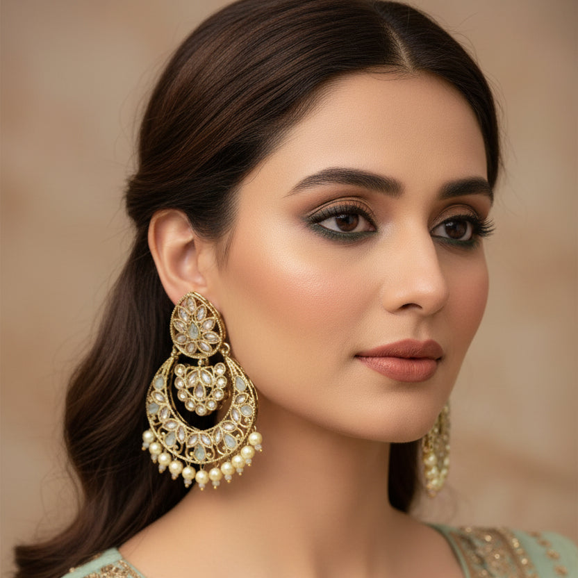 Pair of gold and pearl earrings on a dark background