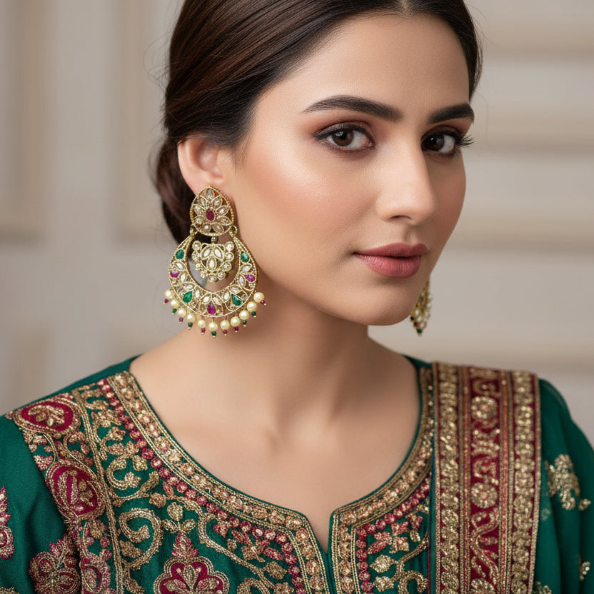 Woman wearing traditional embroidered attire with prominent earrings