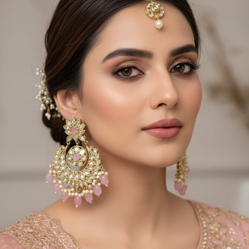 Pair of ornate earrings with pink stones on a dark background
