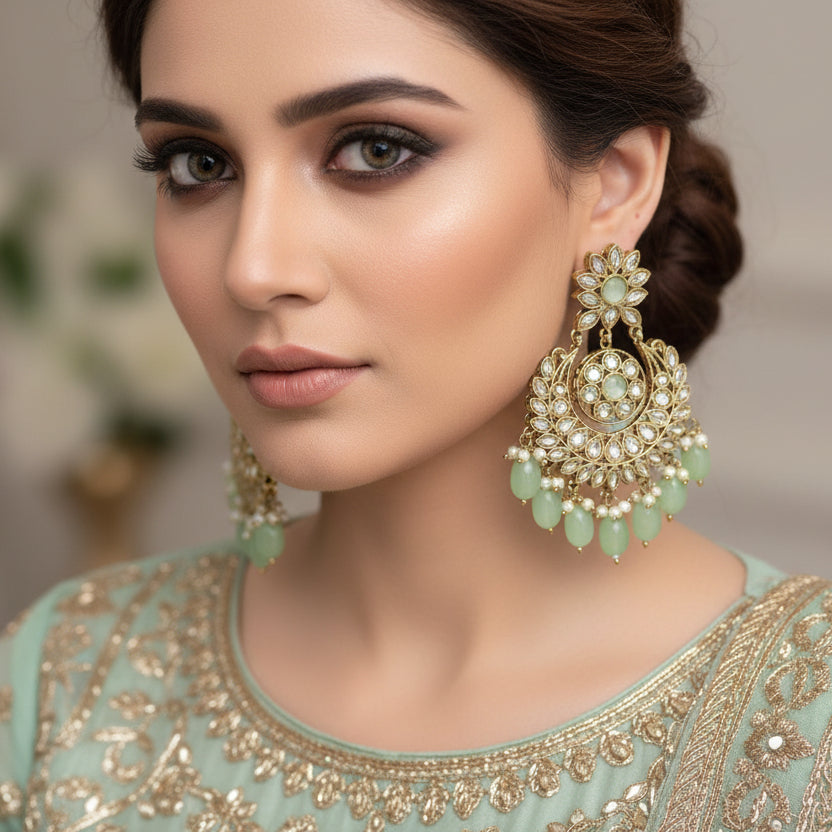 Ornate gold and green earrings on a dark background