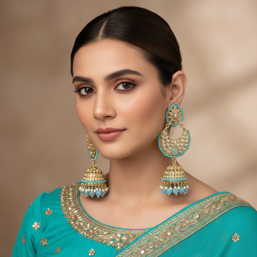 Ornate earrings with turquoise stones on a gray background, branded 'Saheli'.