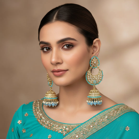 Ornate earrings with turquoise stones on a gray background, branded 'Saheli'.