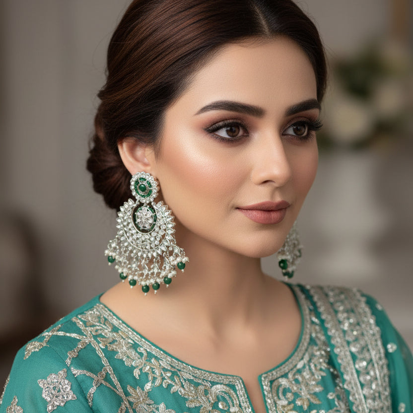 Pair of ornate earrings with green gemstones on a dark background