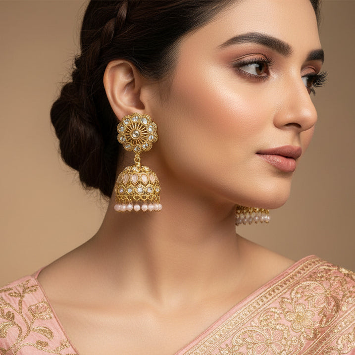 Gold and pearl earrings on a gray stand with a blurred background