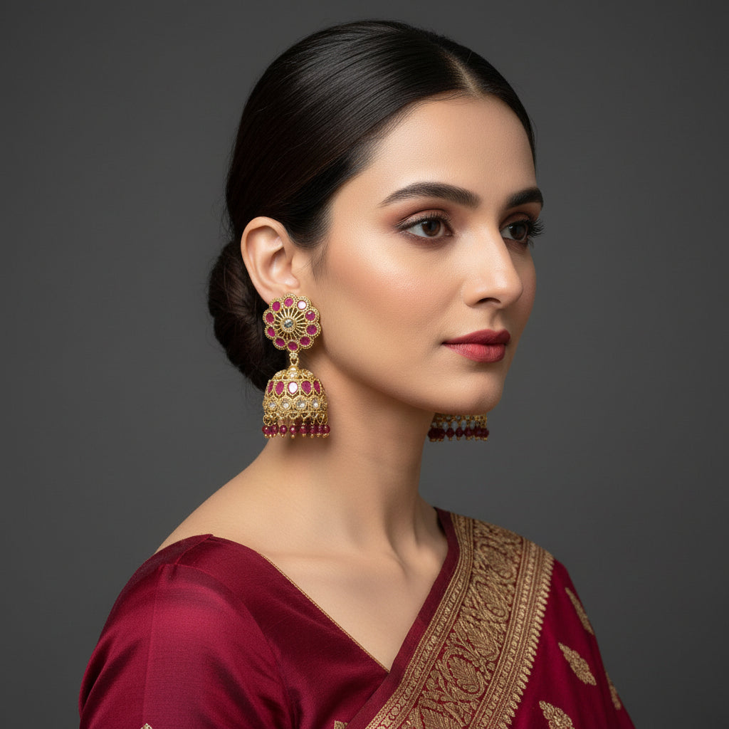 Gold and pink earrings on a gray stand with 'Saheli' branding.