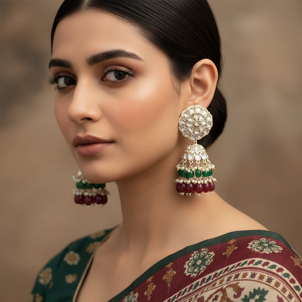 Ornate earrings with green and red beads on a gray stand, branded 'Saheli'.
