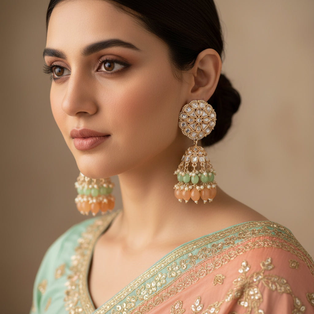 Ornate earrings with green and orange stones on a dark background, branded 'Saheli'.