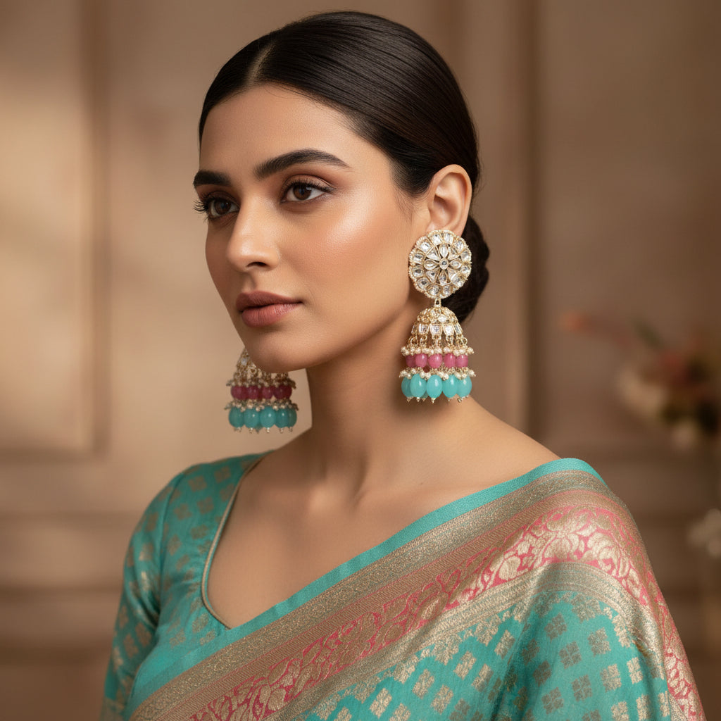 Ornate earrings with gemstones on a dark background