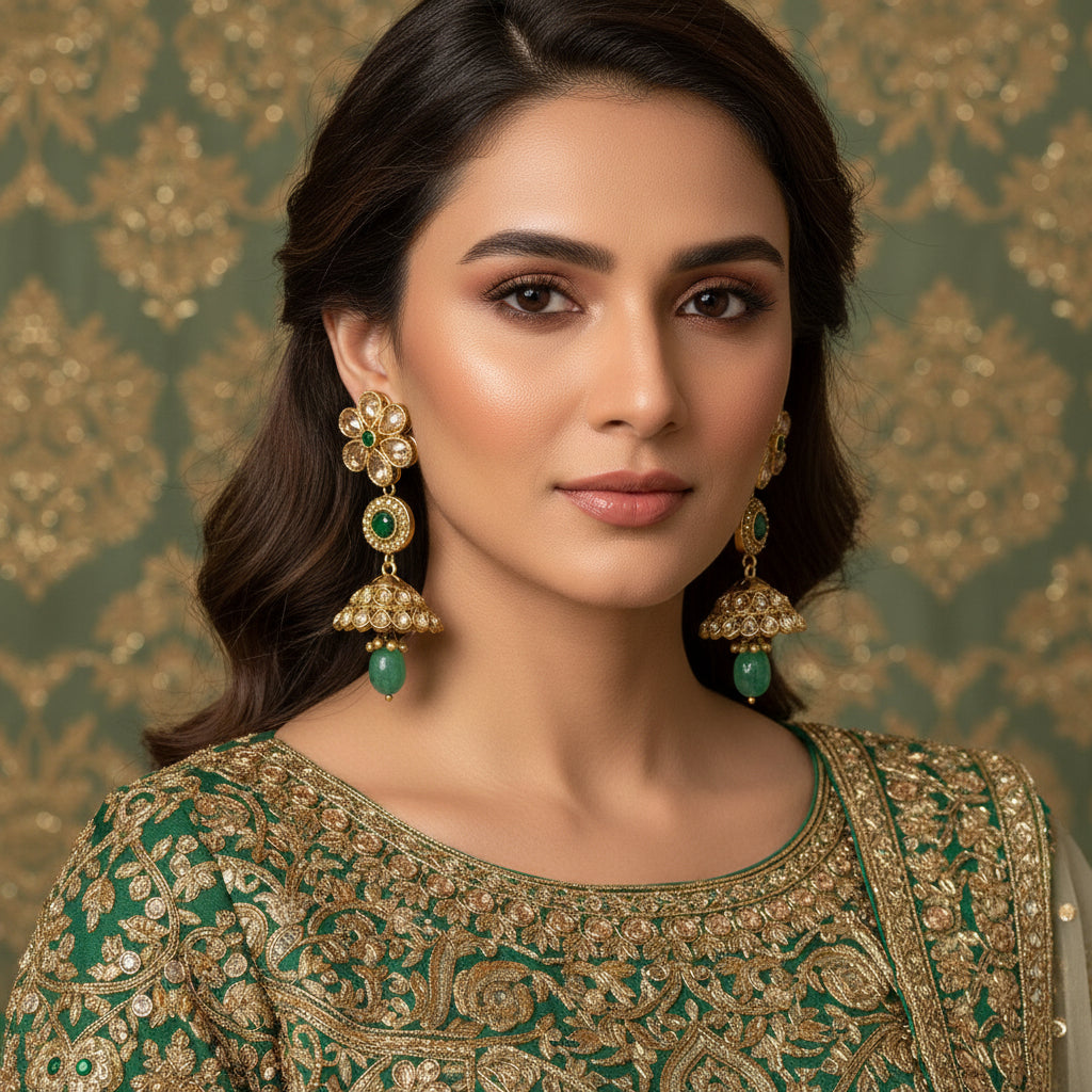 Gold and green earrings on a gray stand with 'SAHELI' branding.