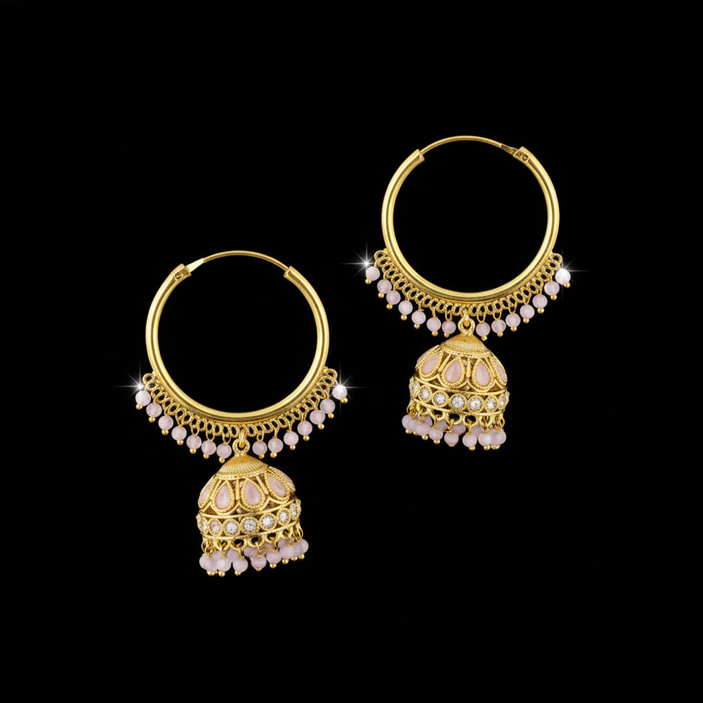 Gold hoop earrings with dangling balls on a gray stand with 'Vivo' branding.
