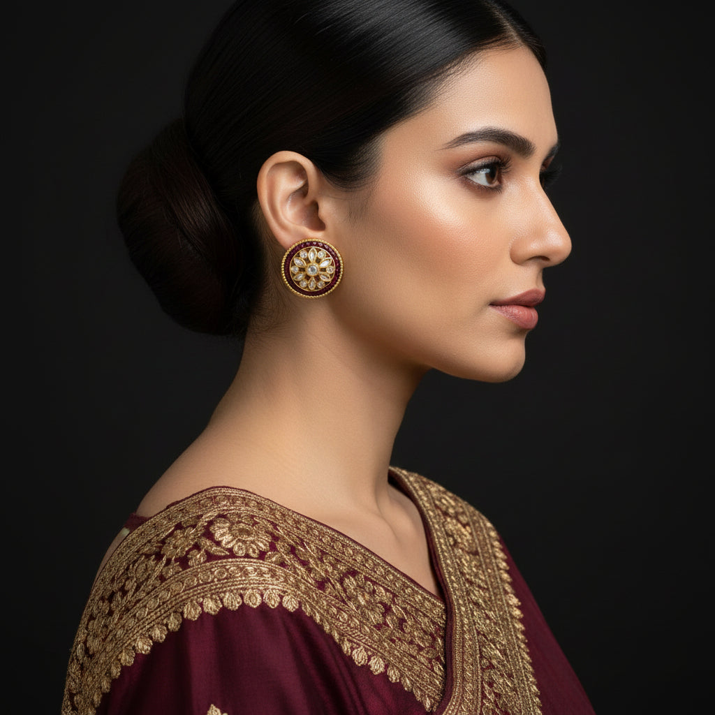 Pair of gold and red earrings with intricate design on a gray background, featuring the brand 'Saheli'.