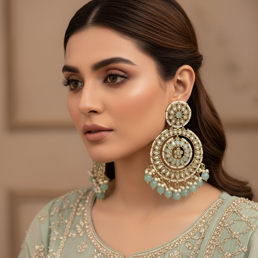 Ornate earrings with turquoise stones on a dark background, branded 'Saheli'.