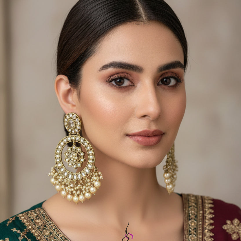 Ornate gold and pearl earrings on a dark background with 'SAHELI' branding.