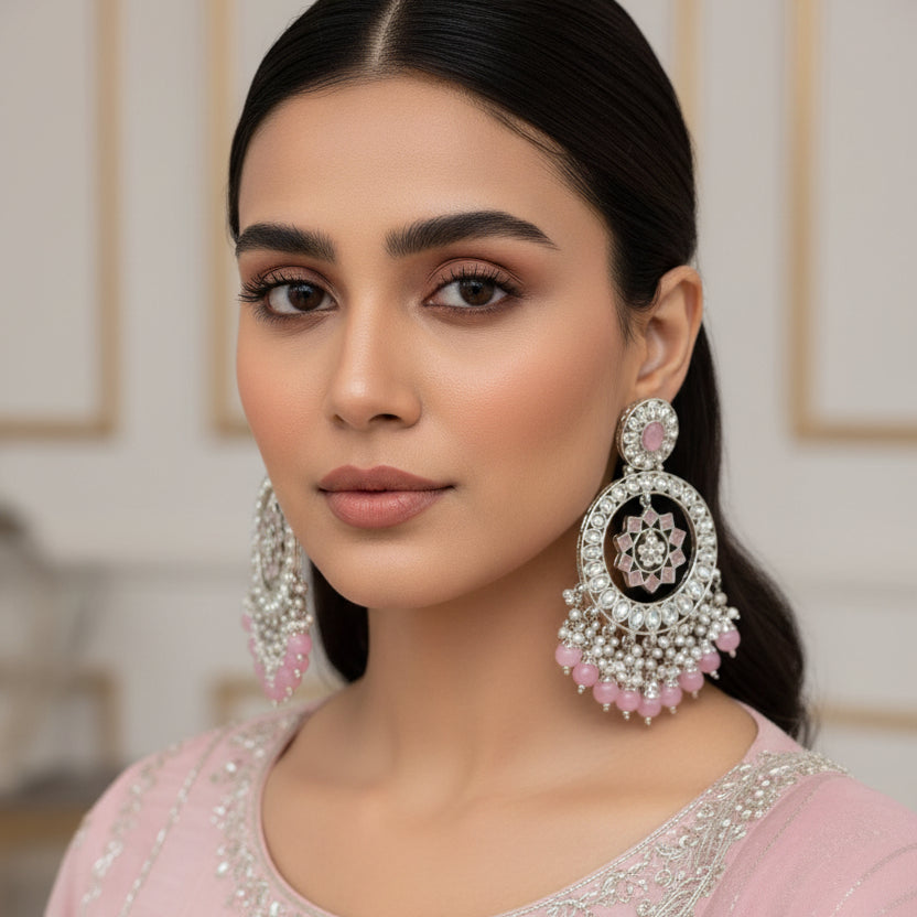 Pair of silver and pink earrings with 'Saheli' branding on a dark background