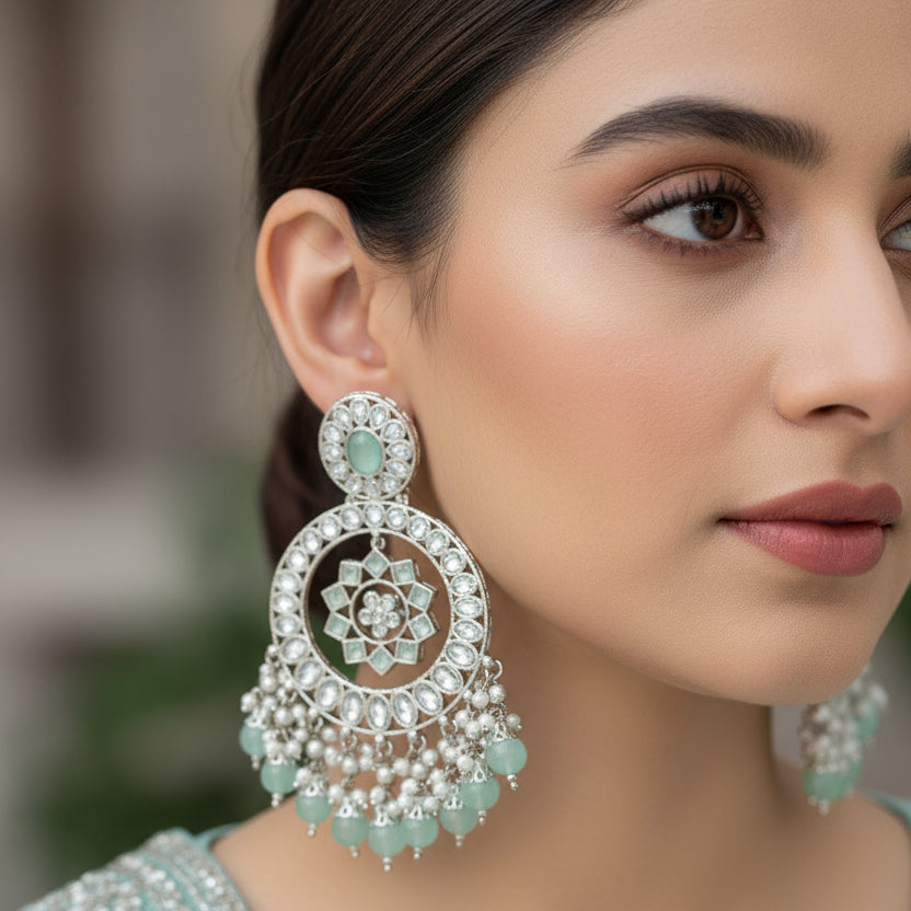 Pair of silver and turquoise earrings on a gray background with 'SAHELII' branding.