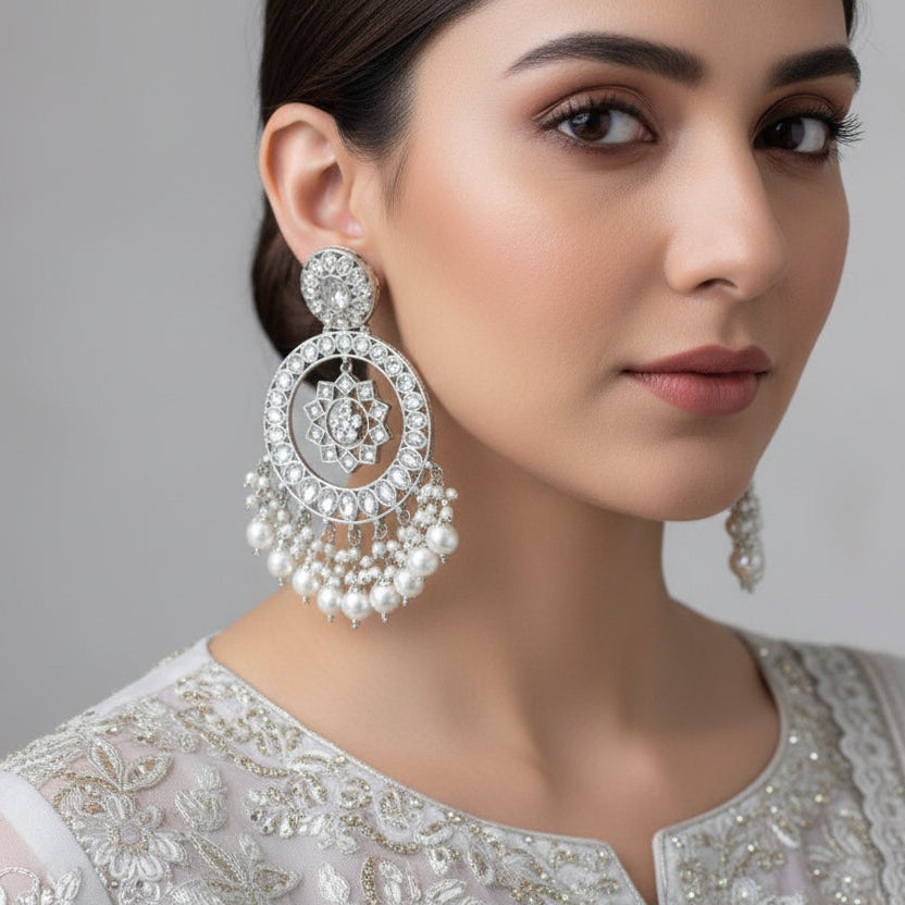 Pair of silver and pearl earrings with 'SAHELI' branding on a dark background