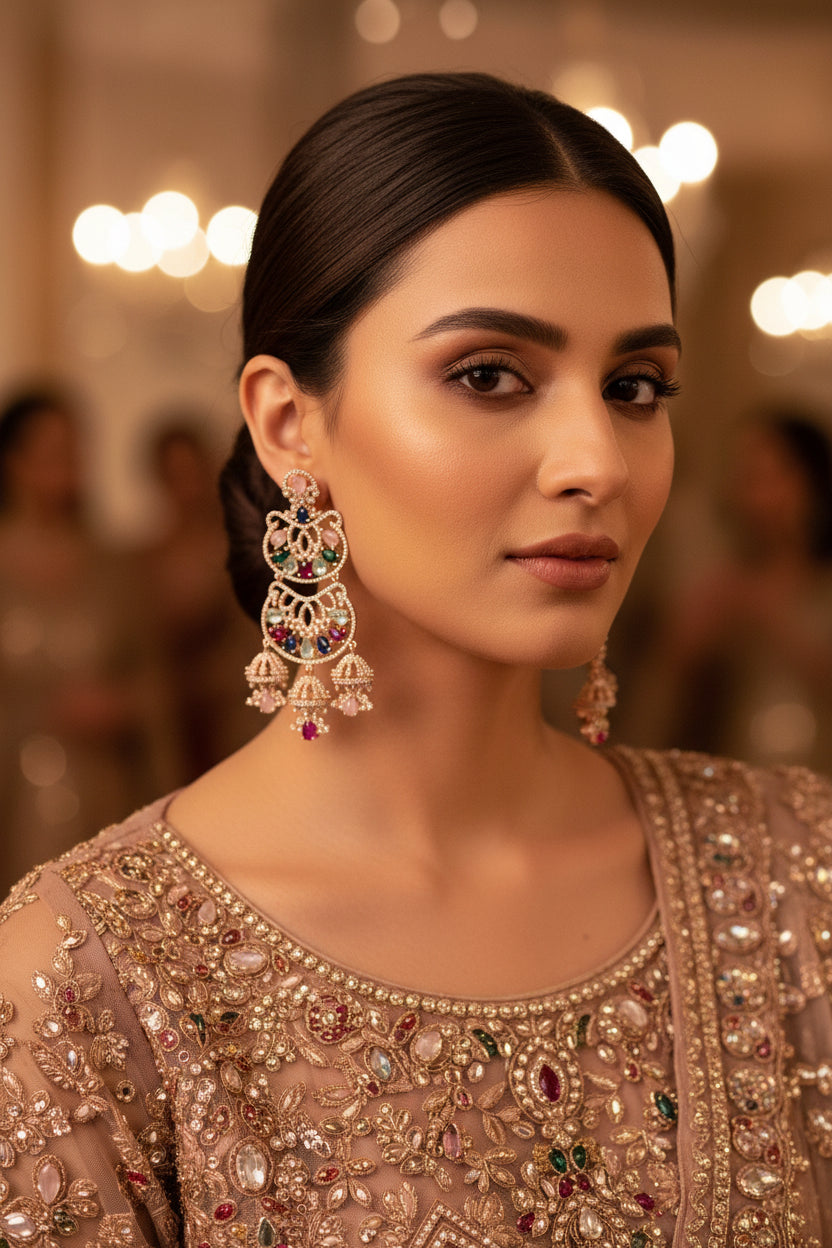 Ornate earrings with colorful gemstones on a dark background, branded 'Saheli'.