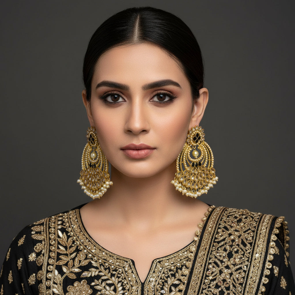 Gold and black earrings on a dark background