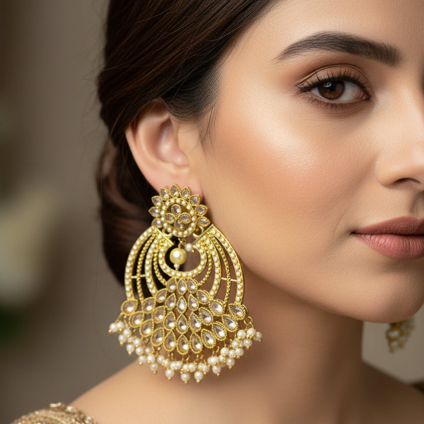 Gold and white jewelry set with 'Saheli' branding on a dark background