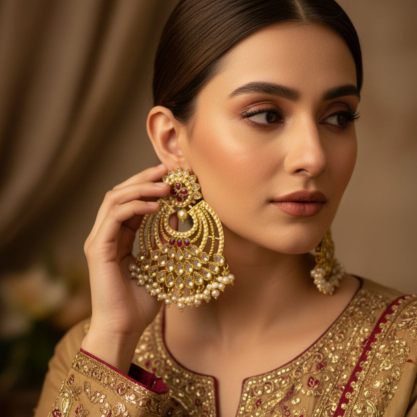 Pair of gold and red stone earrings on a dark background with 'Saheli' branding.