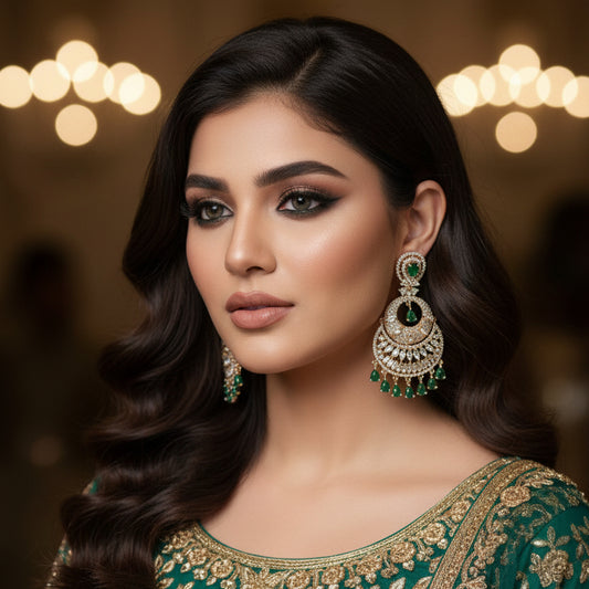 Ornate earrings with green gemstones on a dark background, branded 'Saheli'.