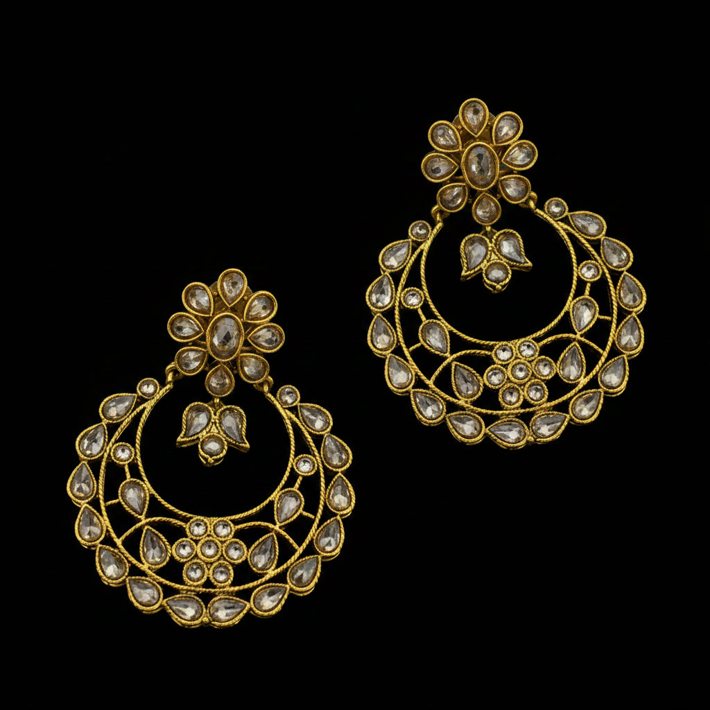 A pair of gold-toned traditional Indian jhumka earrings embellished with clear stones, displayed on a dark reflective surface with a white brand tag attached.
