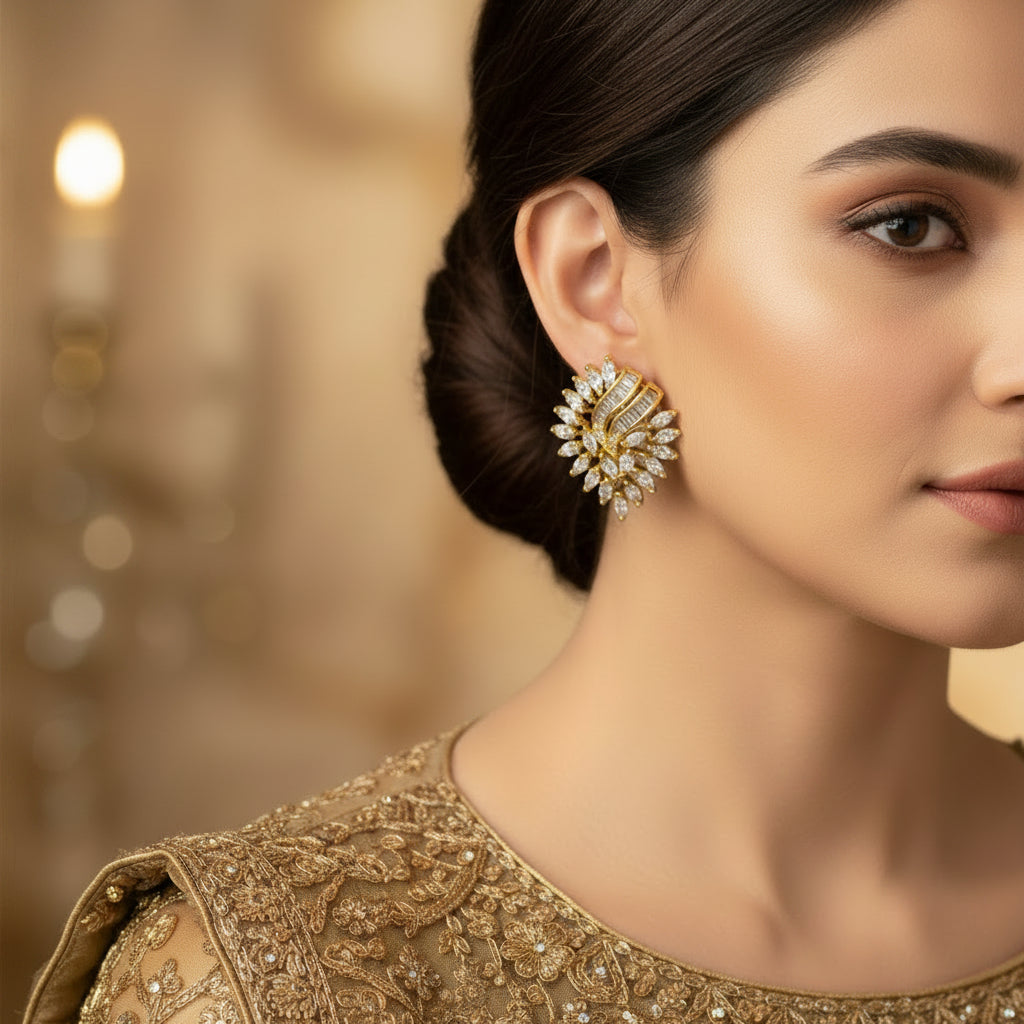 Gold and diamond earrings on a black background with 'SAHELI' branding.