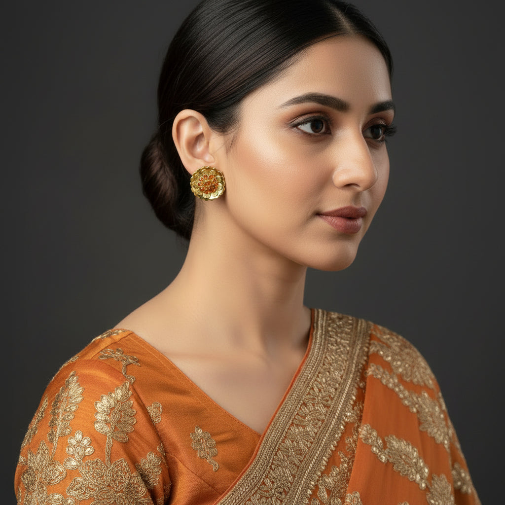Gold earrings with red gemstones on a dark background, branded 'Saheili'.