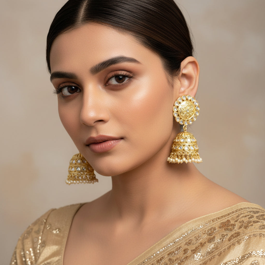 Gold jhumka earrings with intricate designs on a gray background, featuring the brand 'Saheli by Nidhi'.