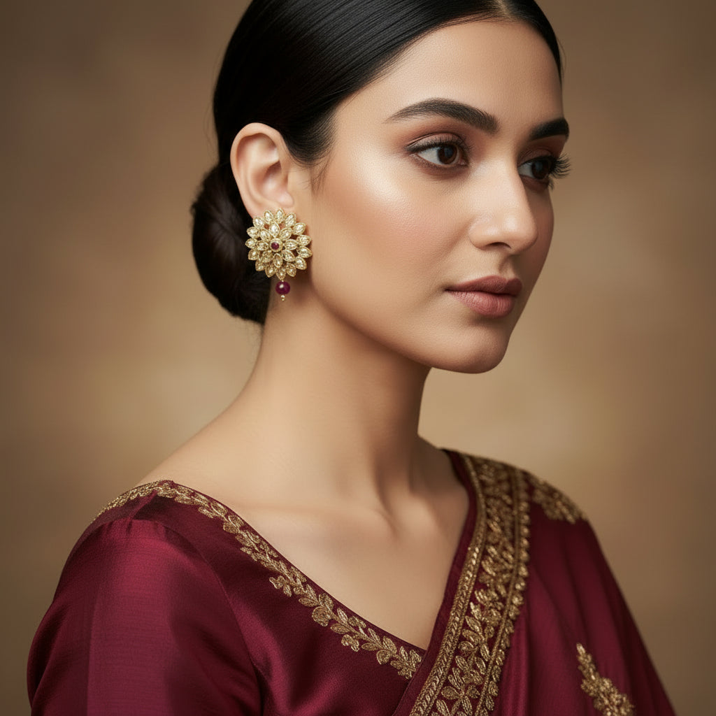 Pair of gold floral earrings with red gemstones on a gray background