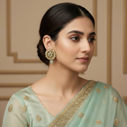 Pair of gold and gemstone earrings on a gray background with 'Saheli' branding.