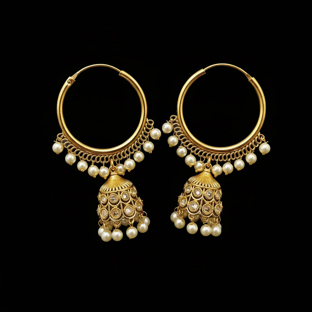Gold hoop earrings with pearl drops on a gray background, featuring the brand 'SAHELI'.