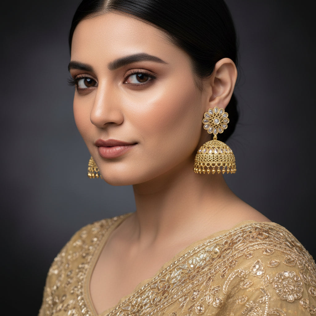 Gold earrings with floral design on a dark background