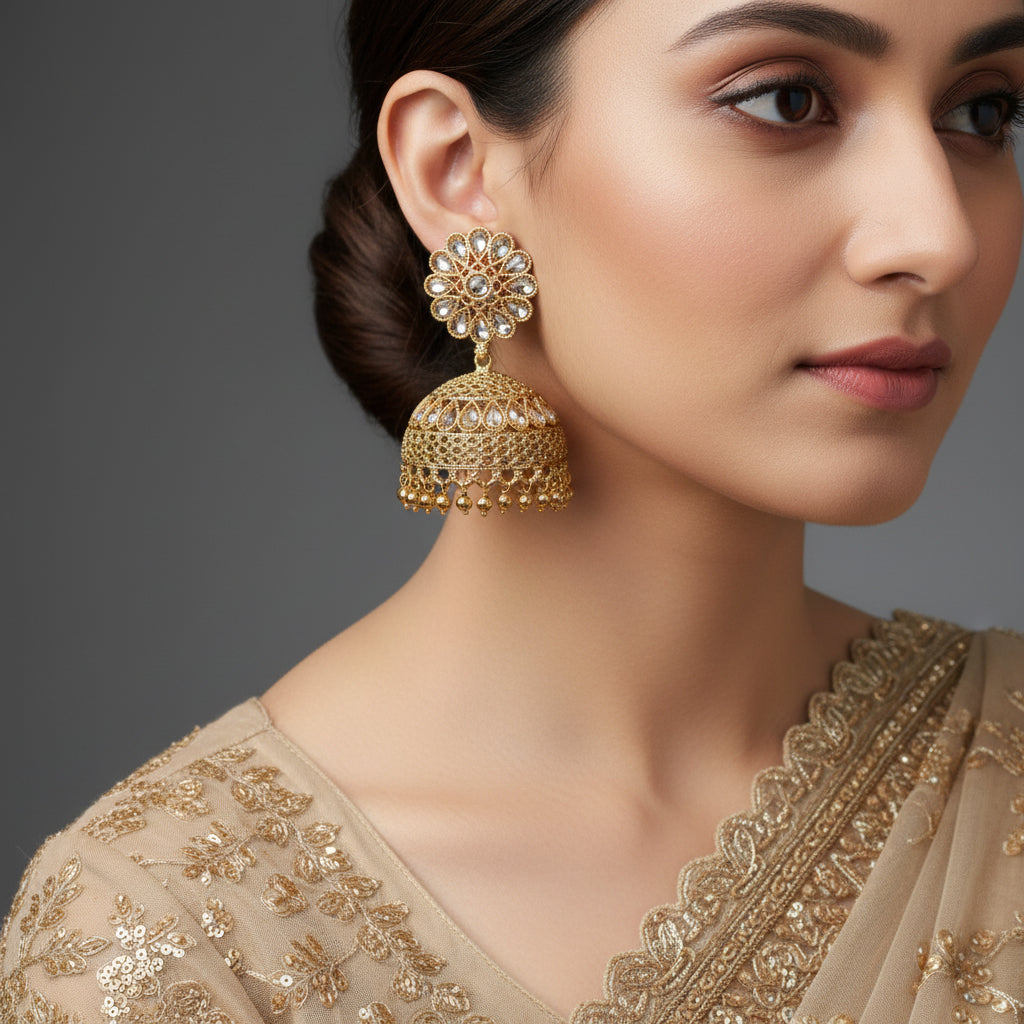 Gold earrings on a black stand with a gray background