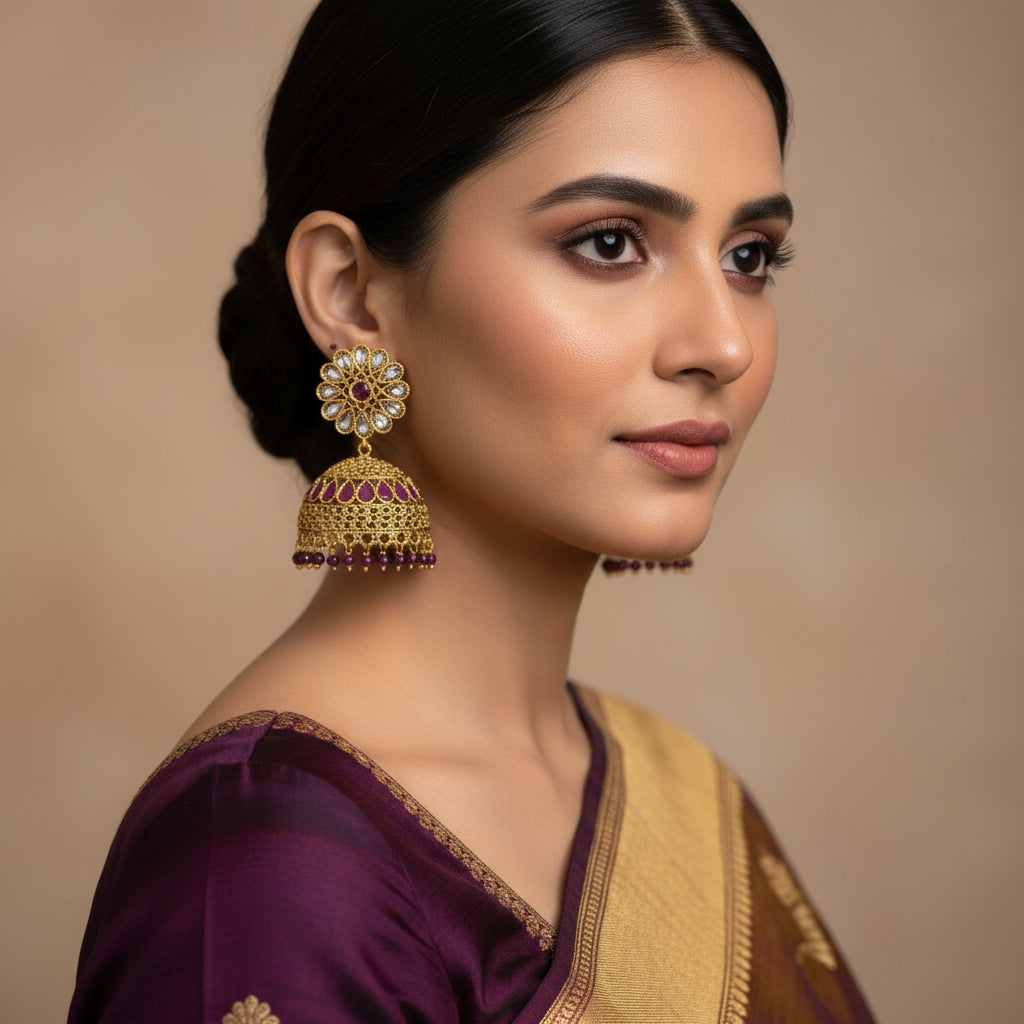 Gold and purple floral earrings on a black stand against a gray background