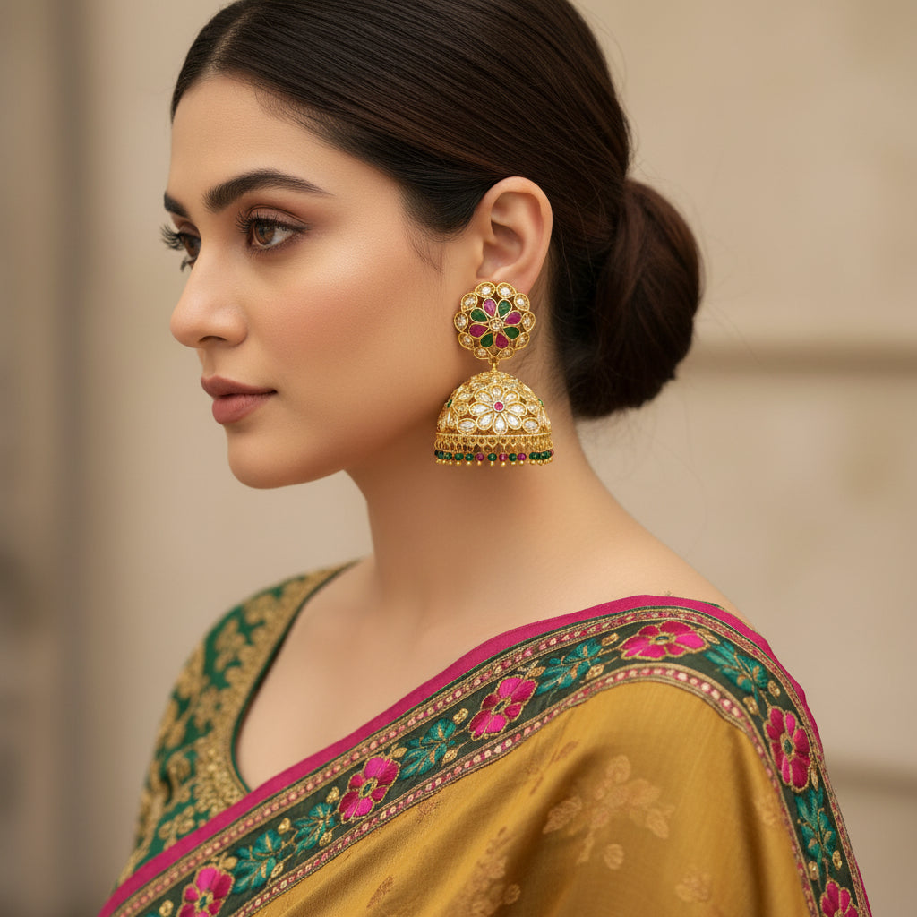 Gold earrings with colorful gemstones on a gray stand against a light blue background